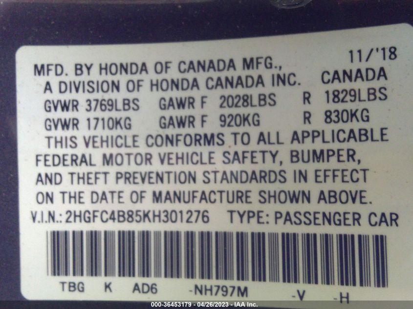 2019 HONDA CIVIC COUPE SPORT - 2HGFC4B85KH301276