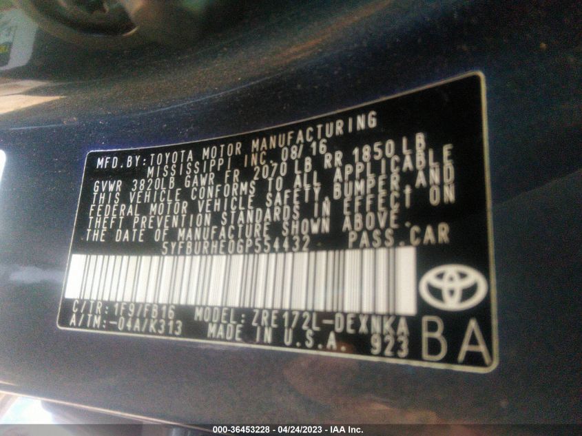 2016 TOYOTA COROLLA L/LE/S/S PLUS/LE PLUS - 5YFBURHE0GP554432