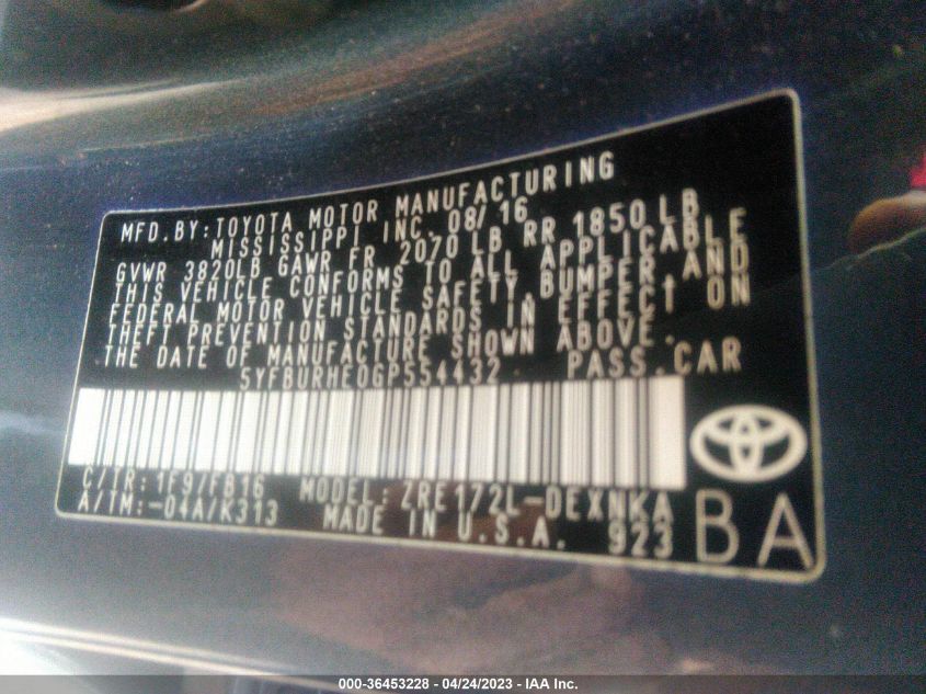 2016 TOYOTA COROLLA L/LE/S/S PLUS/LE PLUS - 5YFBURHE0GP554432