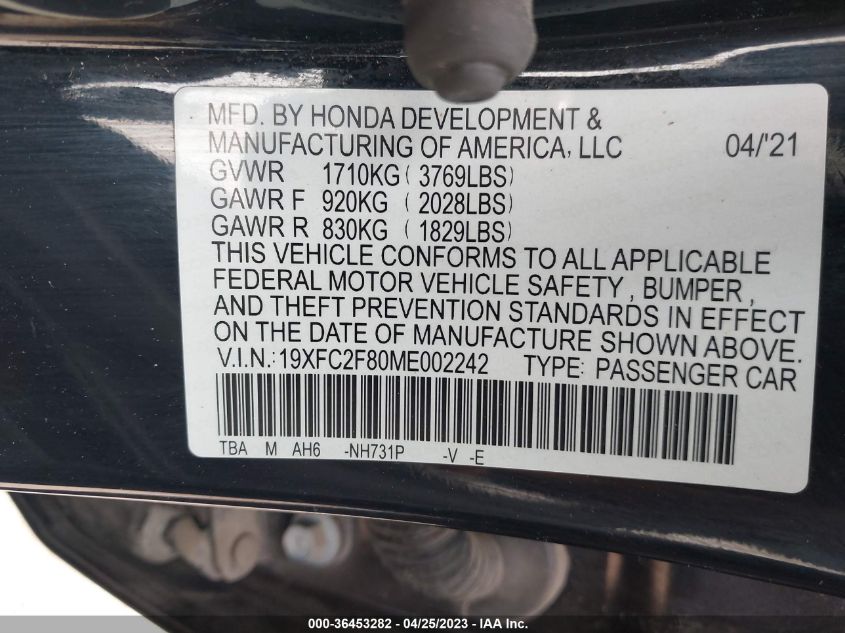 2021 HONDA CIVIC SEDAN SPORT - 19XFC2F80ME002242