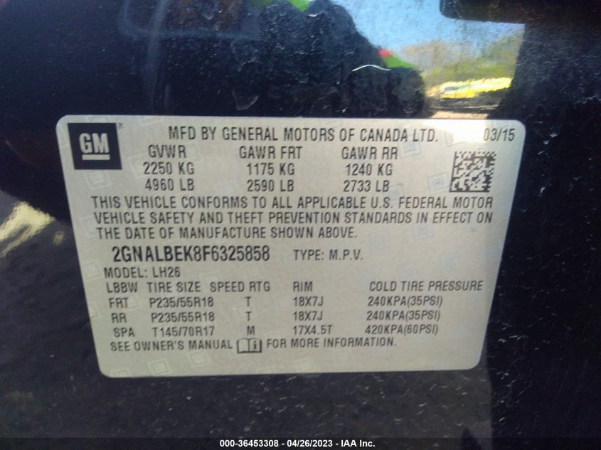 2015 CHEVROLET EQUINOX LT - 2GNALBEK8F6325858