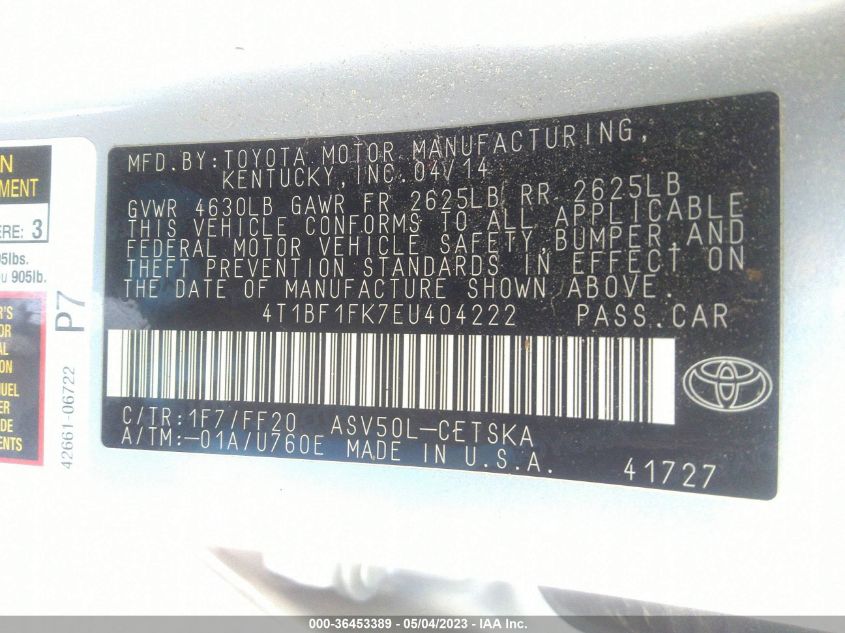 2014 TOYOTA CAMRY L/LE/XLE/SE/SE SPORT - 4T1BF1FK7EU404222