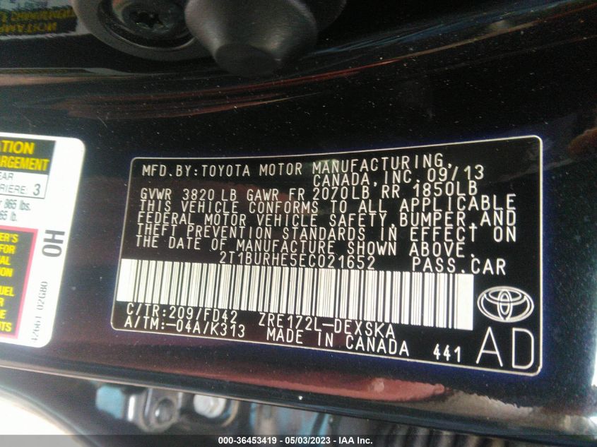 2014 TOYOTA COROLLA L/LE/S/S PLUS/LE PLUS - 2T1BURHE5EC021652