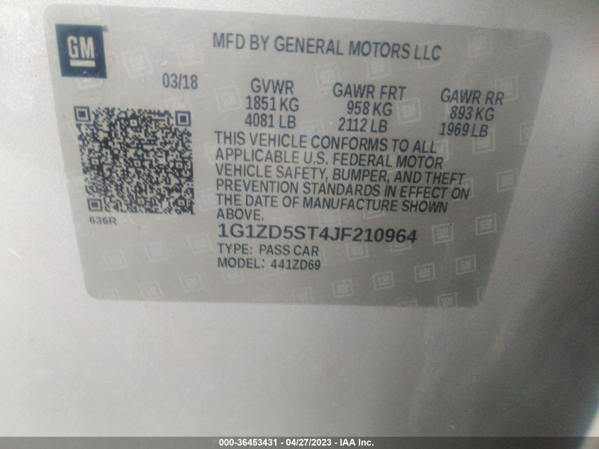 2018 CHEVROLET MALIBU LT - 1G1ZD5ST4JF210964