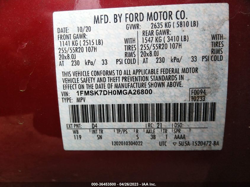 2021 FORD EXPLORER XLT - 1FMSK7DH0MGA26800