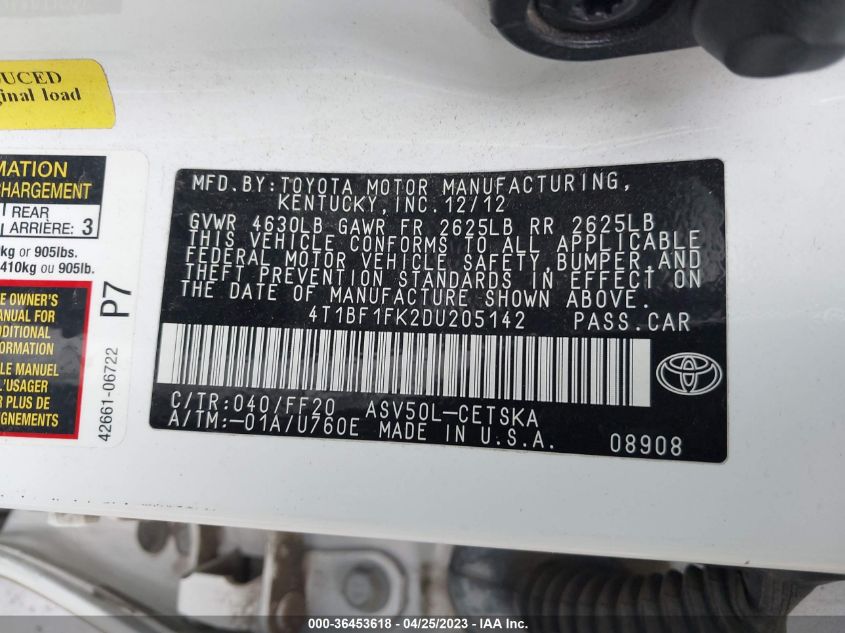 2013 TOYOTA CAMRY L/LE/SE/XLE - 4T1BF1FK2DU205142