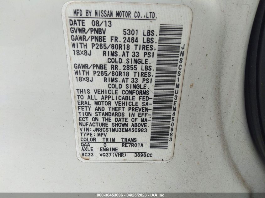 2014 INFINITI QX70 JN8CS1MU3EM450983