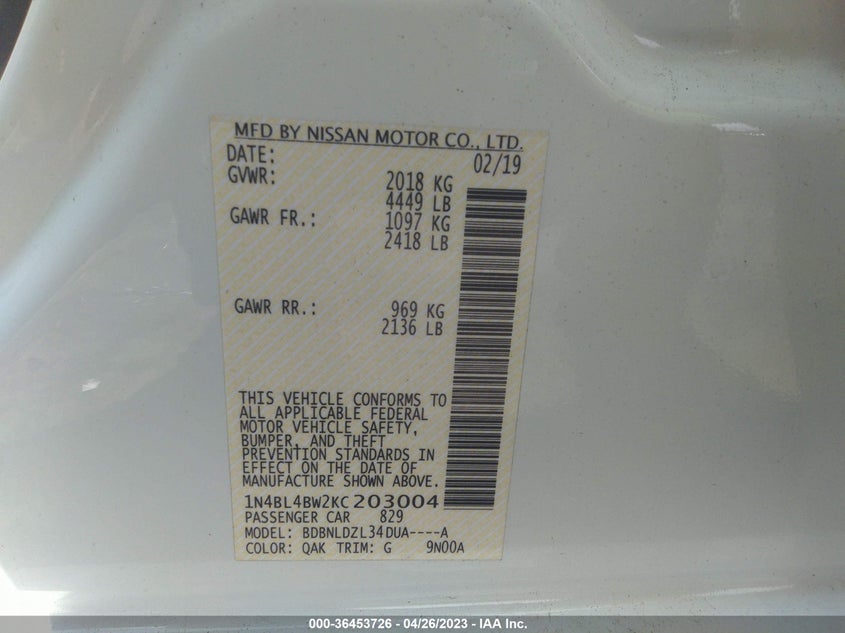 VIN 1N4BL4BW2KC203004 2019 NISSAN ALTIMA 2.5 S