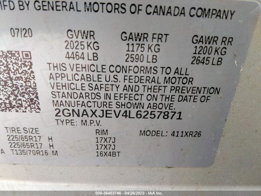 2020 CHEVROLET EQUINOX LT - 2GNAXJEV4L6257871