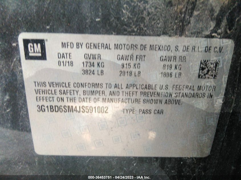 2018 CHEVROLET CRUZE LT - 3G1BD6SM4JS591002