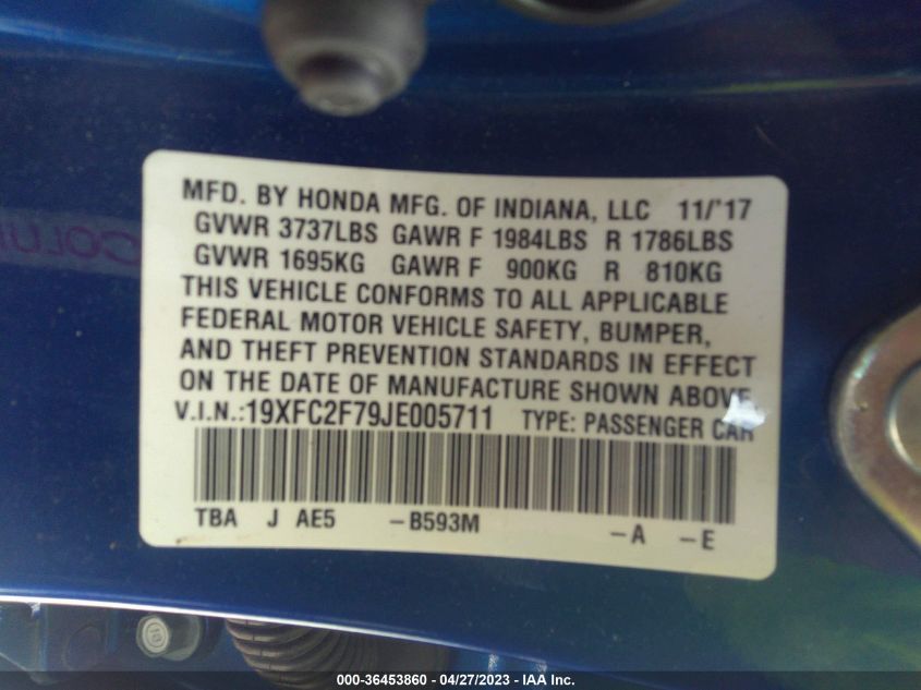 2018 HONDA CIVIC SEDAN EX - 19XFC2F79JE005711