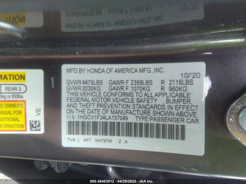 2020 HONDA ACCORD SEDAN SPORT - 1HGCV1F34LA157049