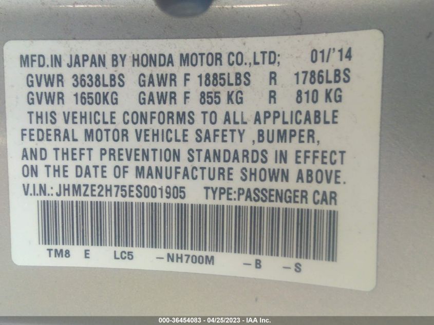 2014 HONDA INSIGHT EX JHMZE2H75ES001905