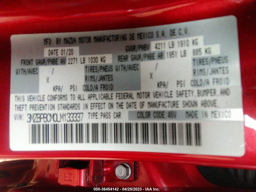 VIN 3MZBPBCM0LM133337 2020 MAZDA MAZDA3 SEDAN SELECT PACKAGE