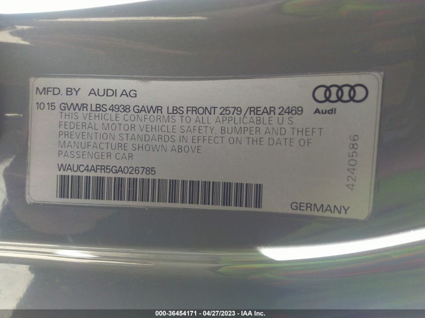 2016 AUDI S5 PREMIUM PLUS - WAUC4AFR5GA026785