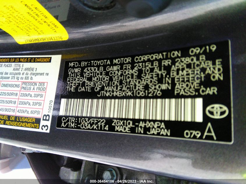 2019 TOYOTA C-HR XLE/LE/LIMITED - JTNKHMBX9K1061276