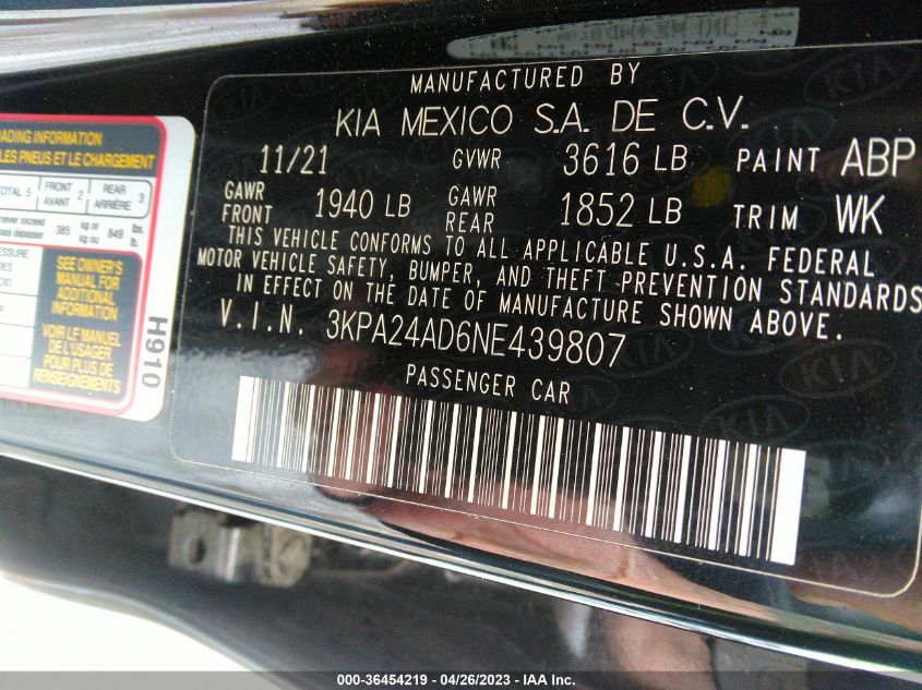 2022 KIA RIO LX - 3KPA24AD6NE439807