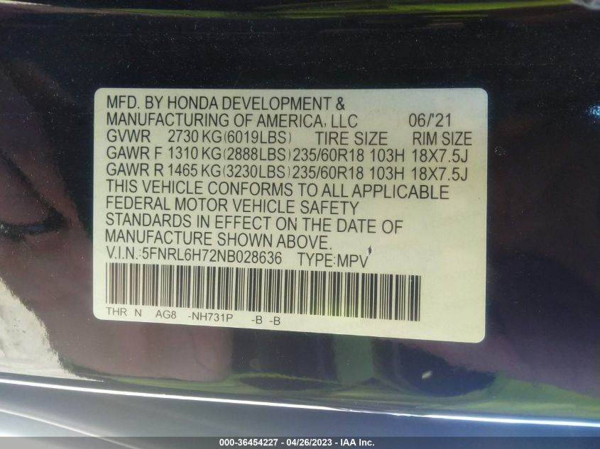2022 HONDA ODYSSEY EX-L - 5FNRL6H72NB028636