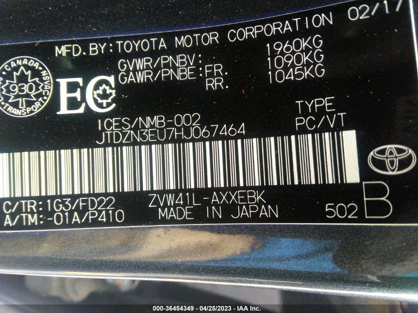 2017 TOYOTA PRIUS V TWO/FIVE/THREE/FOUR - JTDZN3EU7HJ067464