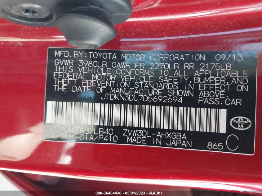 2013 TOYOTA PRIUS ONE/TWO/THREE/FOUR/FIVE - JTDKN3DU7D5692694