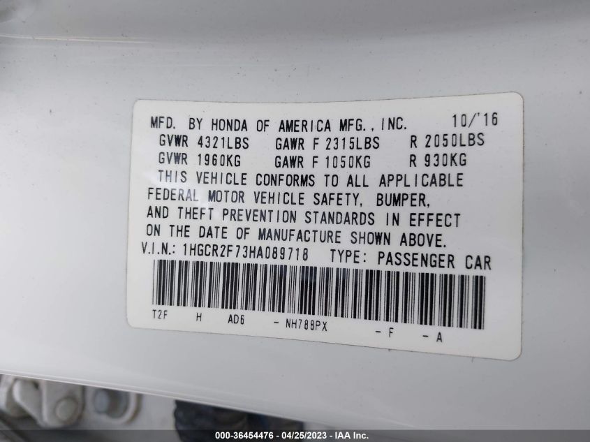 2017 HONDA ACCORD SEDAN EX - 1HGCR2F73HA089718
