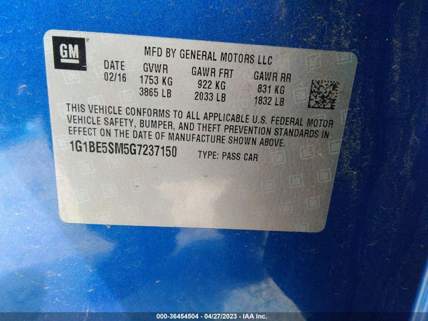 2016 CHEVROLET CRUZE LT - 1G1BE5SM5G7237150