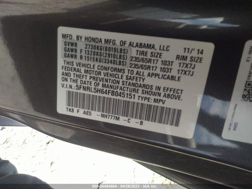 VIN 5FNRL5H64FB045151 2015 HONDA ODYSSEY no.9