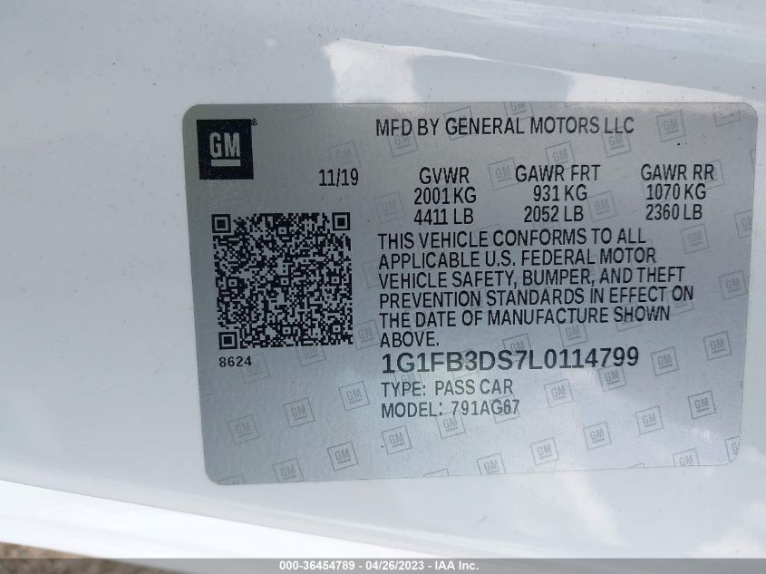 2020 CHEVROLET CAMARO 1LT - 1G1FB3DS7L0114799