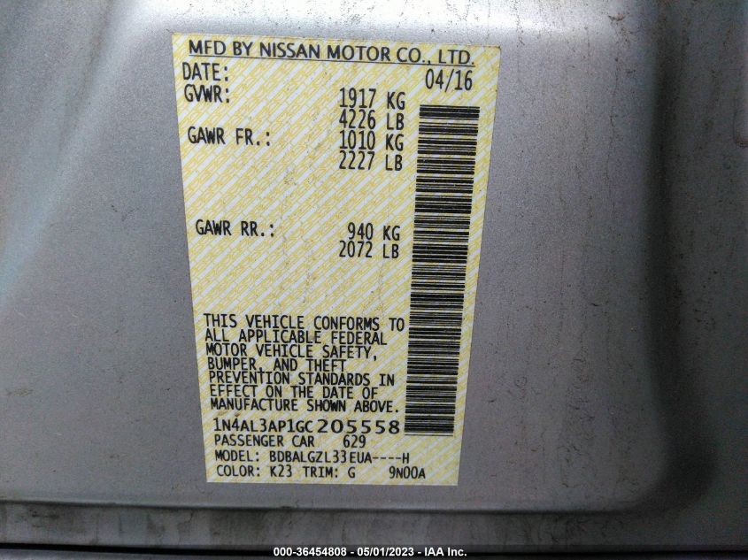 2016 NISSAN ALTIMA 2.5 S - 1N4AL3AP1GC205558
