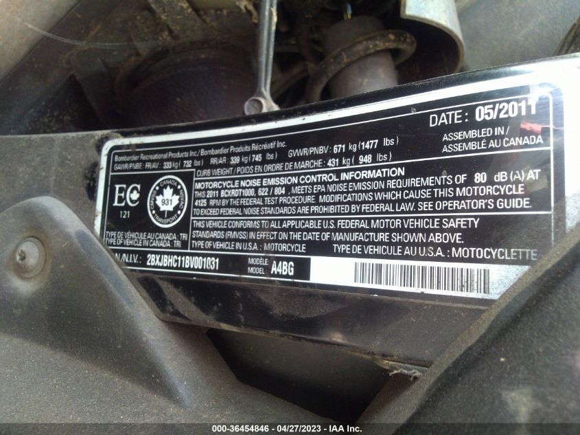 2011 CAN-AM SPYDER ROADSTER RTS 2BXJBHC11BV001031
