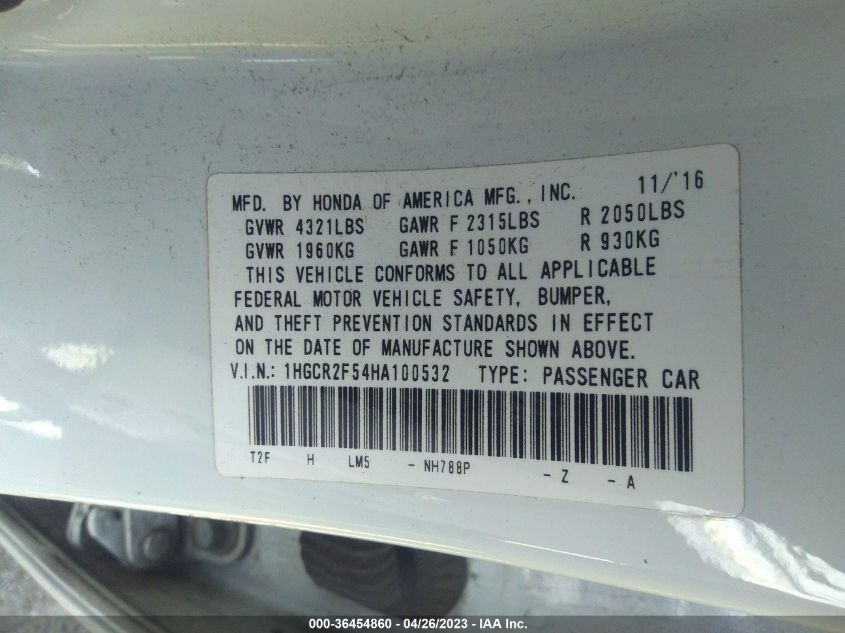 2017 HONDA ACCORD SEDAN SPORT - 1HGCR2F54HA100532