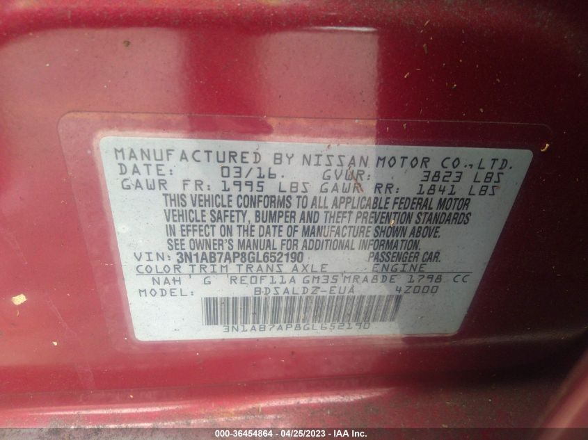 2016 NISSAN SENTRA SR/SL/S/SV/FE+ S - 3N1AB7AP8GL652190