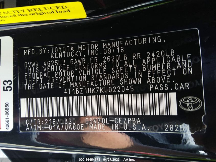 2019 TOYOTA CAMRY V6 - 4T1BZ1HK7KU022045