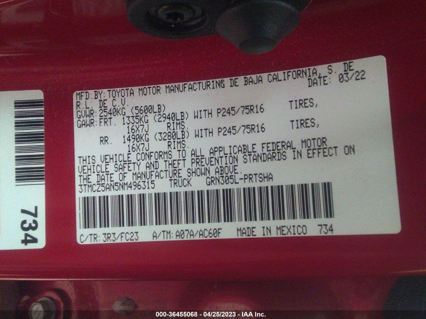 2022 TOYOTA TACOMA 4WD SR/SR5/TRD SPORT - 3TMCZ5AN5NM496315