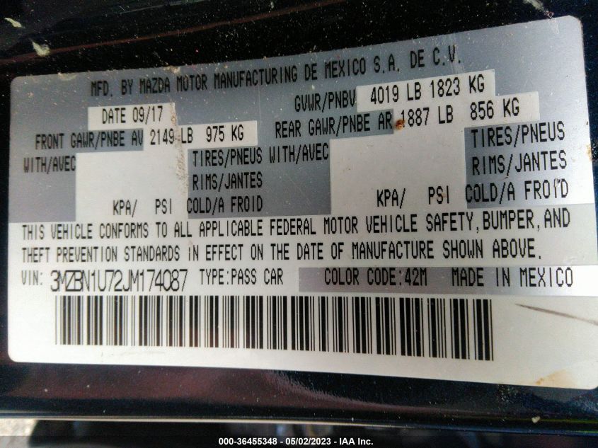 2018 MAZDA MAZDA3 4-DOOR SPORT - 3MZBN1U72JM174087