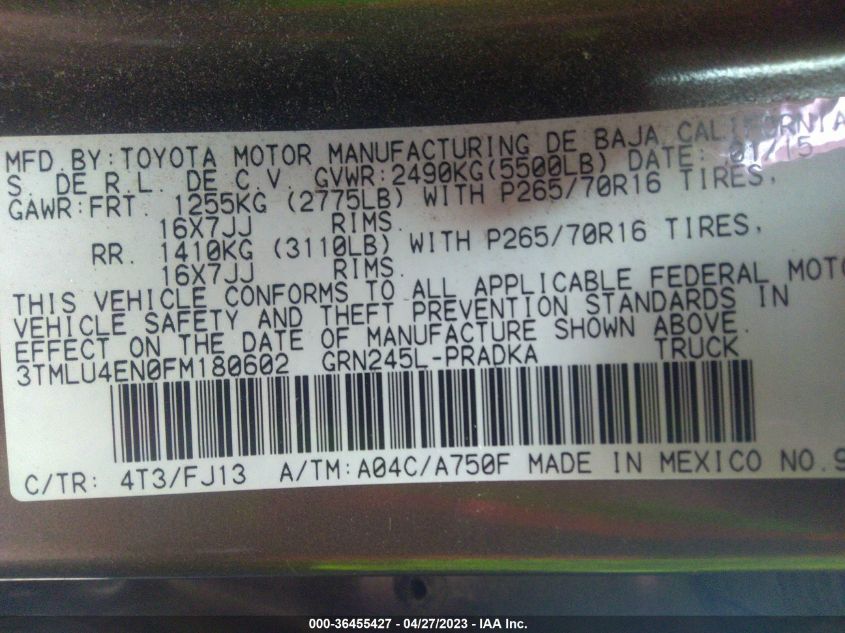 2015 TOYOTA TACOMA - 3TMLU4EN0FM180602