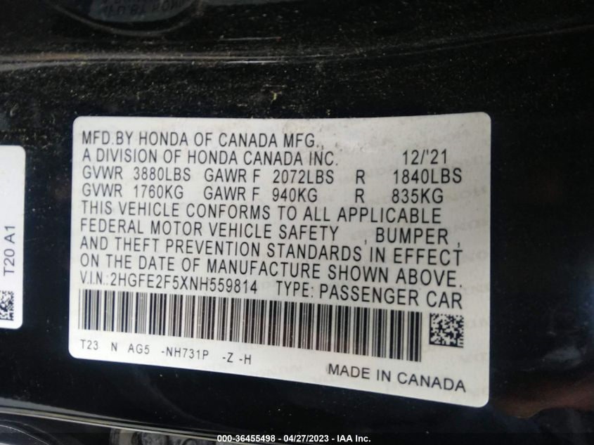 2022 HONDA CIVIC SEDAN SPORT - 2HGFE2F5XNH559814