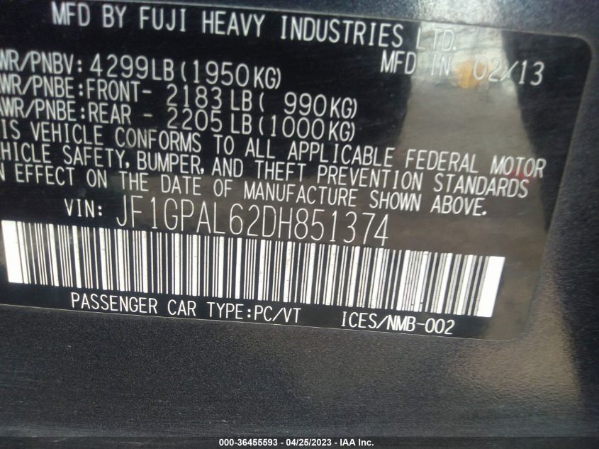 2013 SUBARU IMPREZA WAGON 2.0I SPORT PREMIUM - JF1GPAL62DH851374