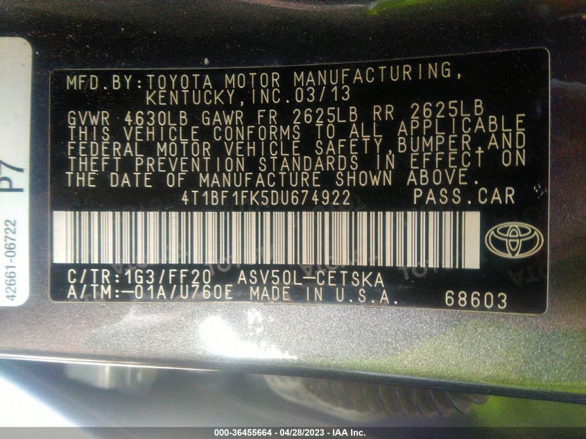 2013 TOYOTA CAMRY L/LE/SE/XLE - 4T1BF1FK5DU674922