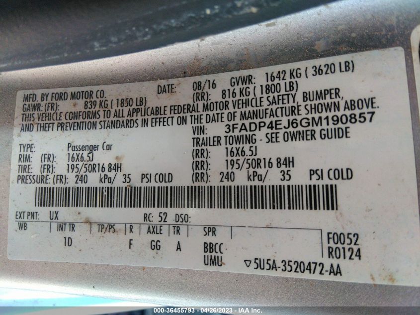 2016 FORD FIESTA SE - 3FADP4EJ6GM190857
