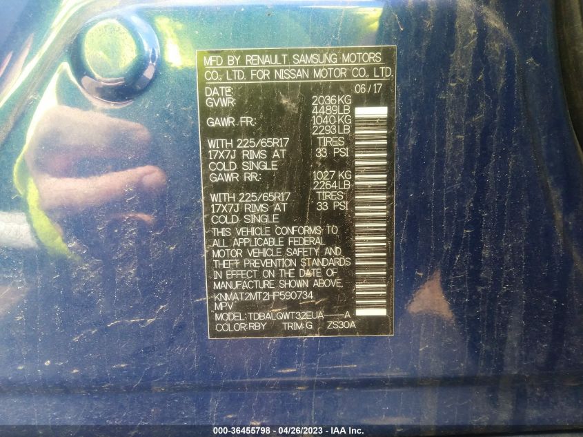 2017 NISSAN ROGUE SV - KNMAT2MT2HP590734