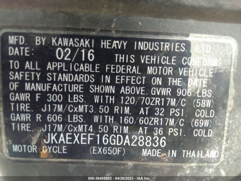 2016 KAWASAKI EX650 F - JKAEXEF16GDA28836