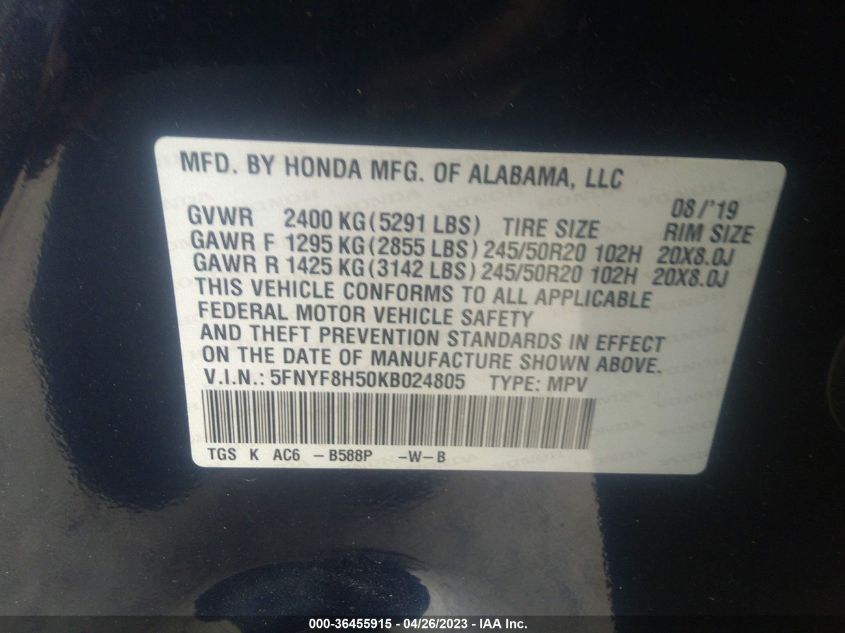 2019 HONDA PASSPORT EX-L - 5FNYF8H50KB024805