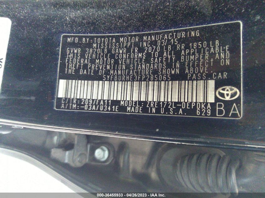2015 TOYOTA COROLLA L/LE/S/S PLUS/LE PLUS - 5YFBURHE3FP285065