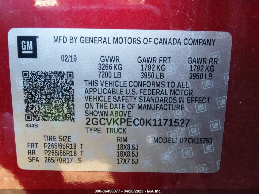 2019 CHEVROLET SILVERADO 1500 LD LT 2GCVKPEC0K1171527
