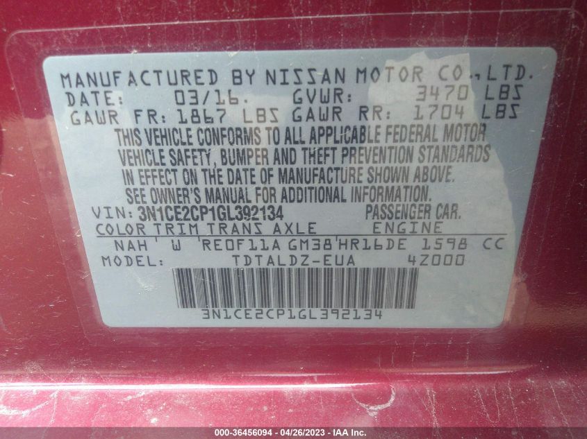 2016 NISSAN VERSA NOTE SV - 3N1CE2CP1GL392134
