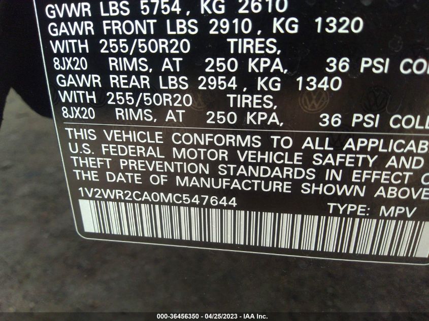 2021 VOLKSWAGEN ATLAS 3.6L V6 SE W/TECHNOLOGY - 1V2WR2CA0MC547644