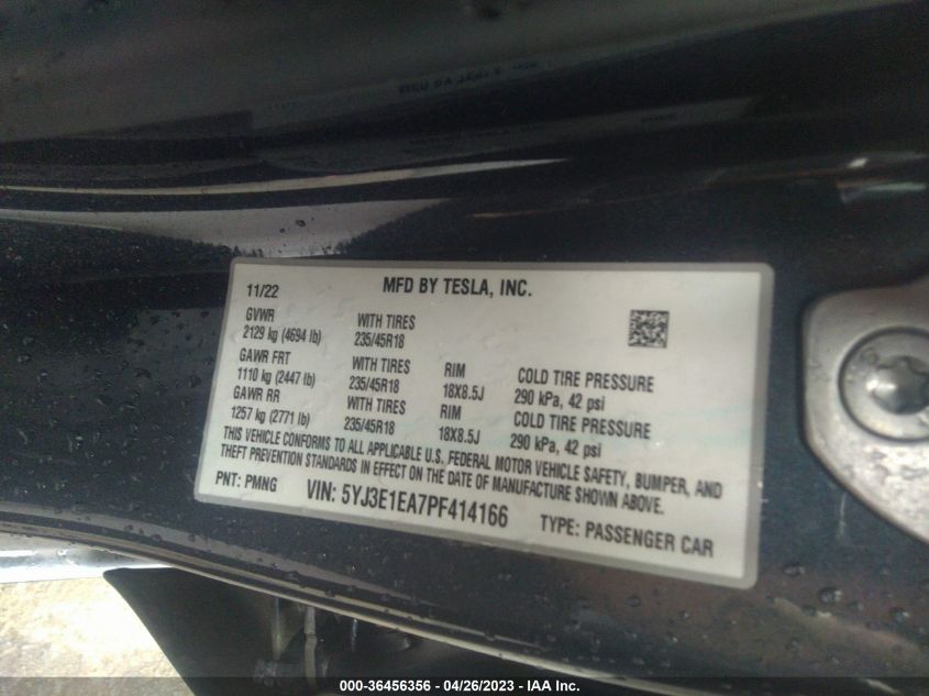 2023 TESLA MODEL 3 - 5YJ3E1EA7PF414166