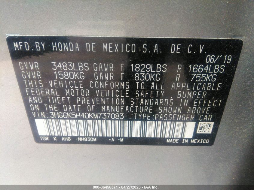 2019 HONDA FIT LX - 3HGGK5H40KM737083