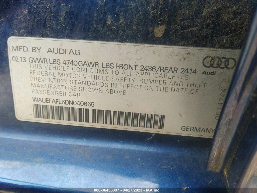 2013 AUDI A4 PREMIUM PLUS - WAUEFAFL6DN040665